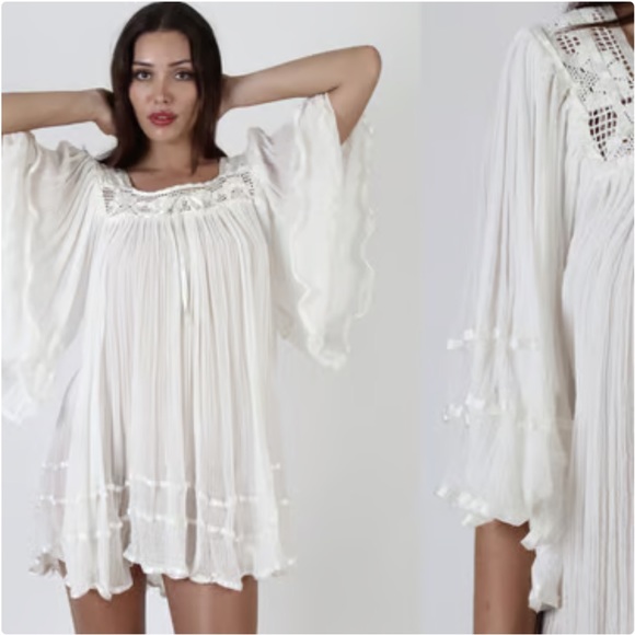 70’s Bohemian Sexy Angel Sleeves Mini Dress Tunic 100%Cotton Gauze Desert Babe - Picture 10 of 16